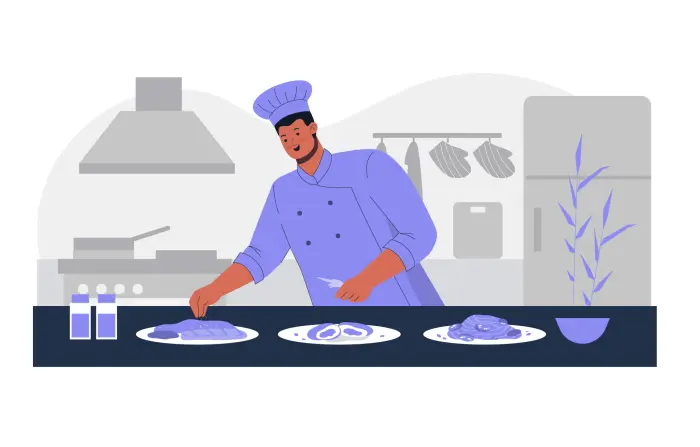 Chef Cooking Food at Kitchen Flat Design Character Illustration